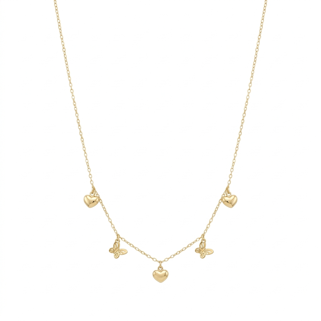18k Gold Heart with Butterfly Necklace - 18k Gold Necklace - Embellish Gold Jewelry & Diamond