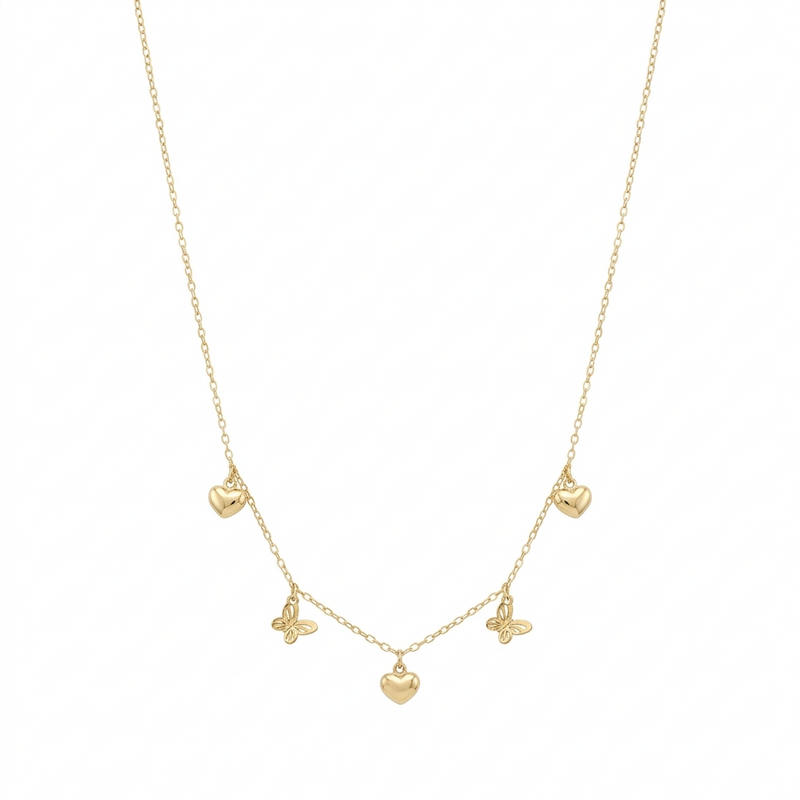 18k Gold Heart with Butterfly Necklace - 18k Gold Necklace - Embellish Gold Jewelry & Diamond