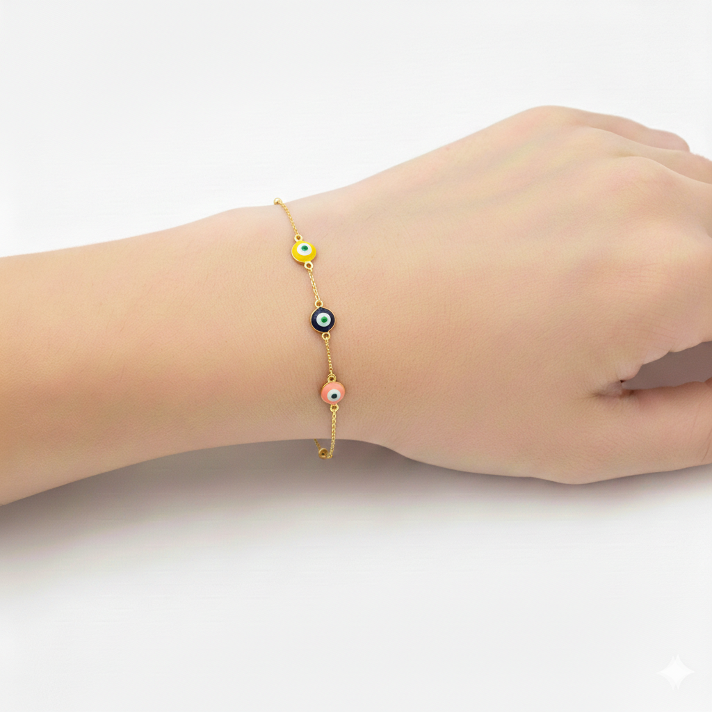 18K Real Gold Bracelet 5 Evil Eye Pendant