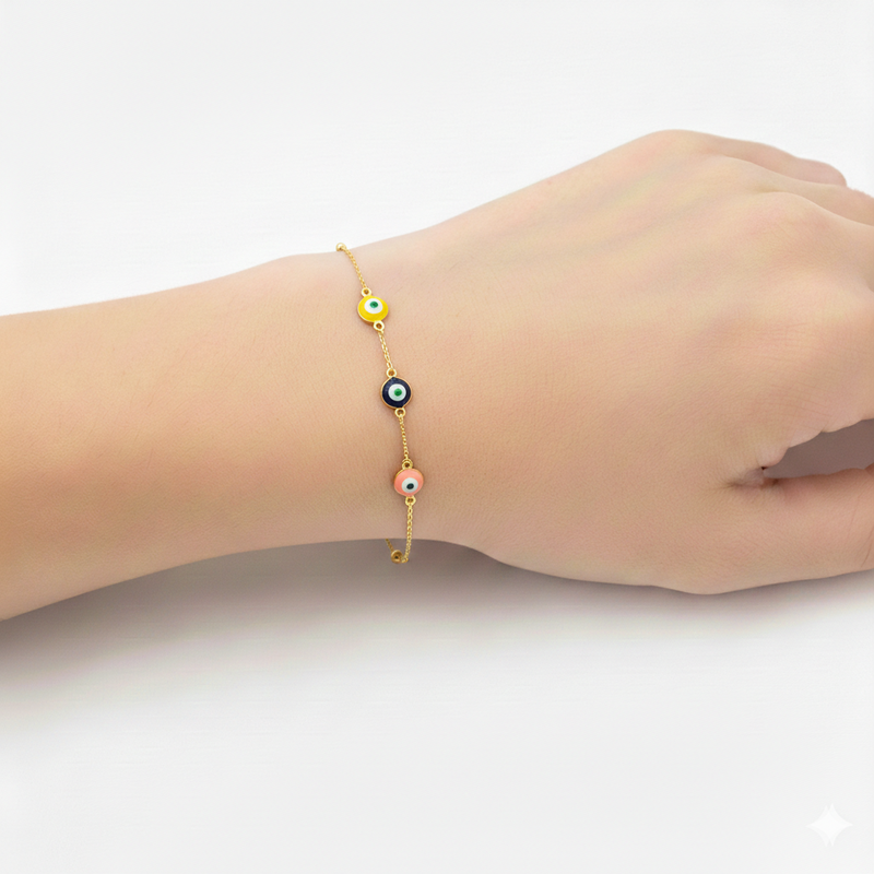 سوار من الذهب الحقيقي عيار 18 قيراط مرصع بـ 5 عين شريرة - 18k Gold Bracelet - Embellish Gold