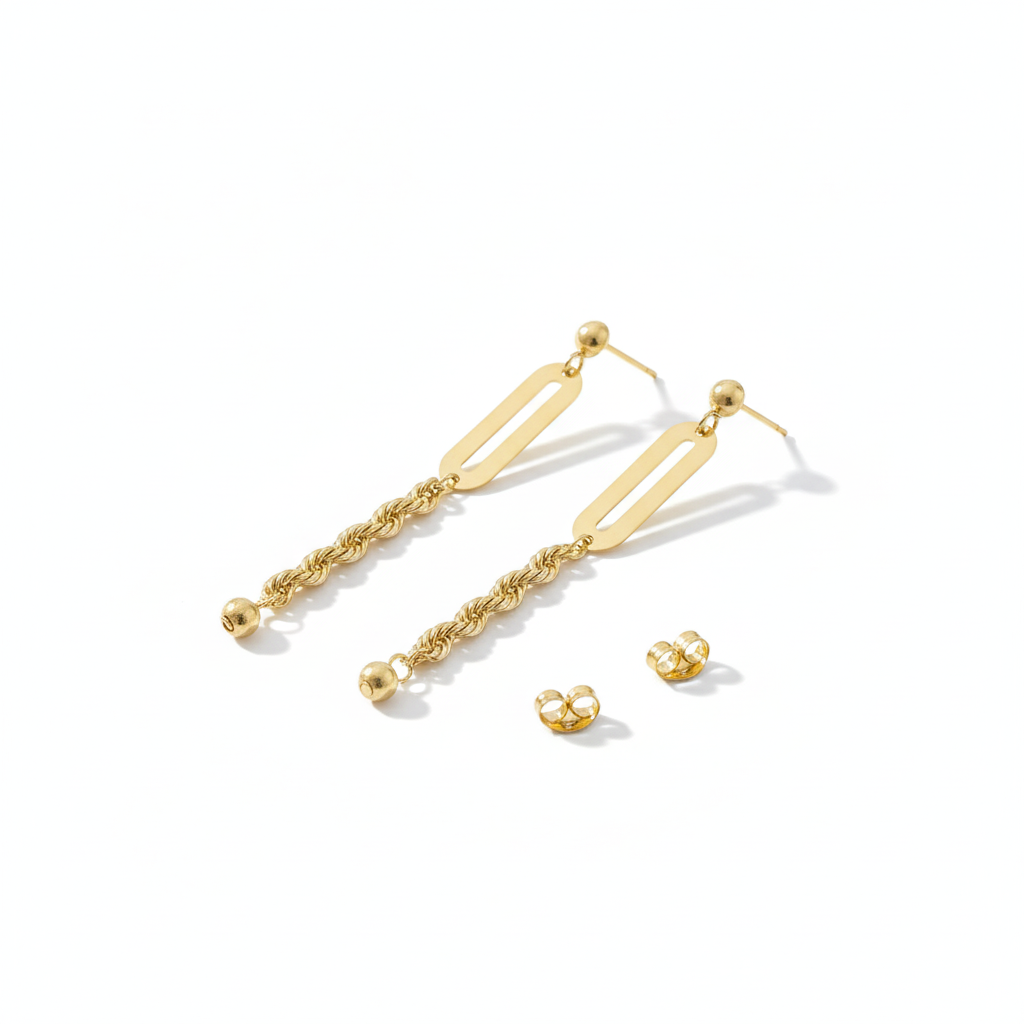 18K Real Gold Paper Clip Rope Chain Earrings