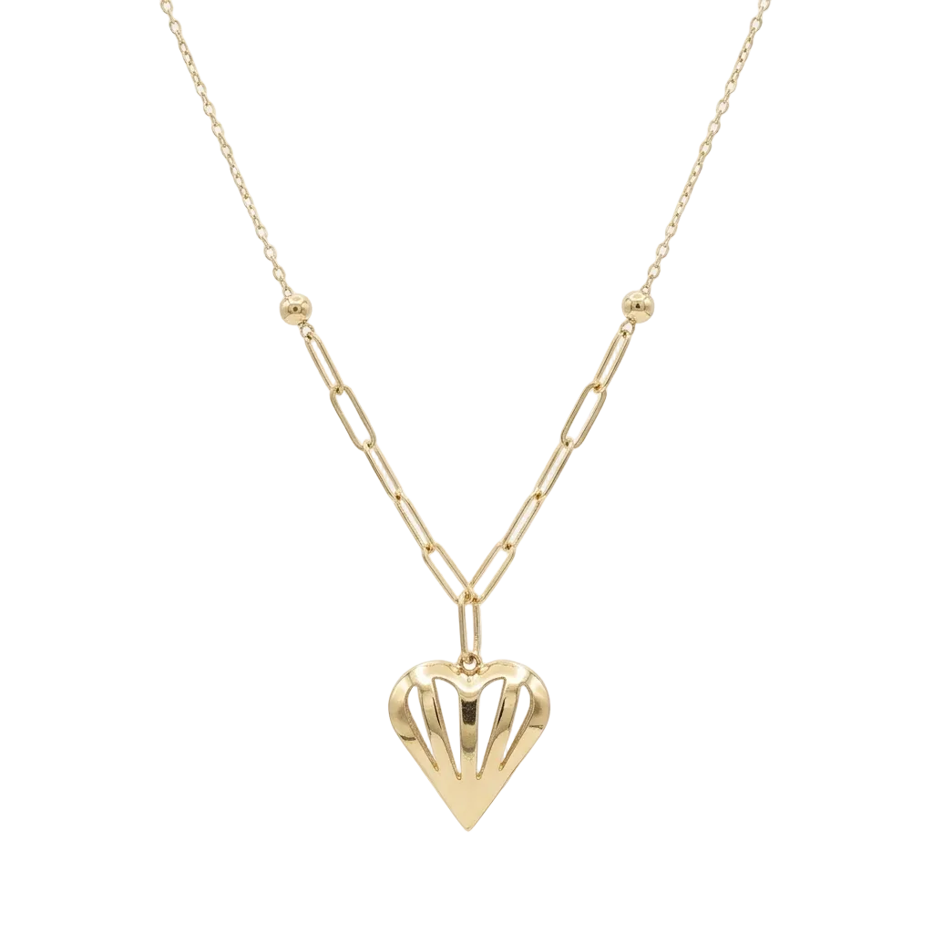 Gold heart-shaped pendant necklace on a white background