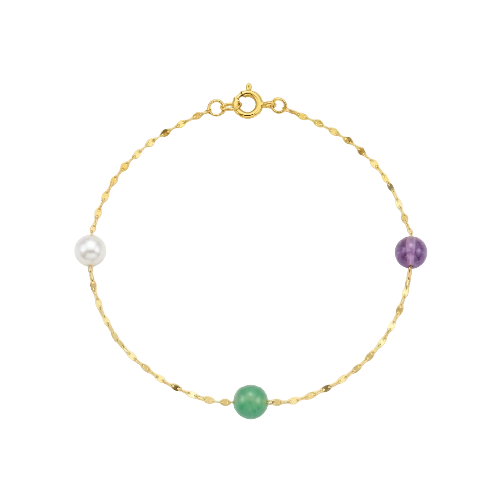 Gold bracelet with pearls and amethysts on a white background