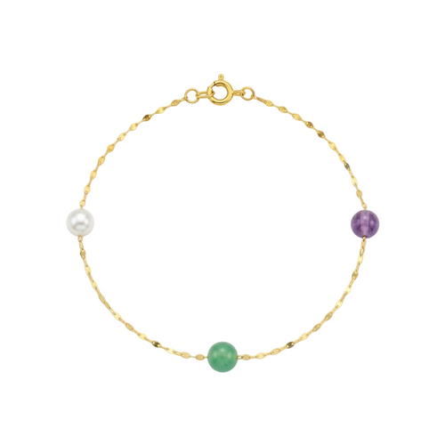 Gold bracelet with pearls and amethysts on a white background
