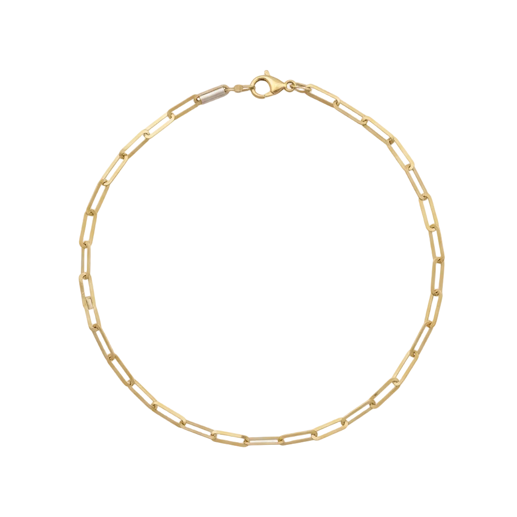Gold paperclip chain necklace on a white background