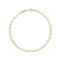 Gold paperclip chain necklace on a white background