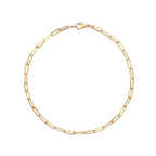 Gold paperclip chain necklace on a white background