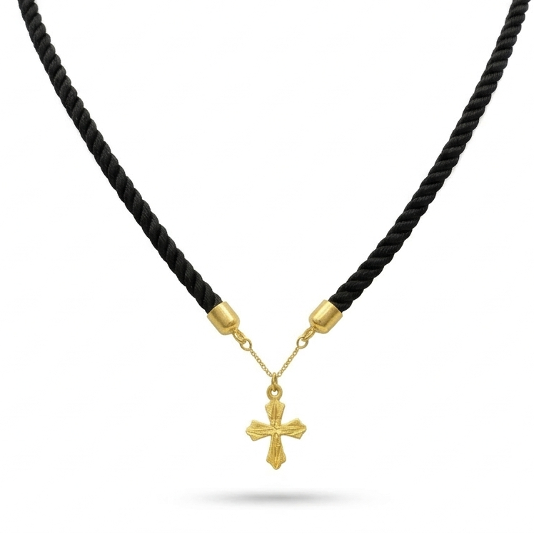 18K Gold Cross Pendant With Black Thread Adjustable Necklace - Necklaces - Embellish Gold