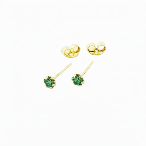 Gold stud earrings with green gemstone on white background
