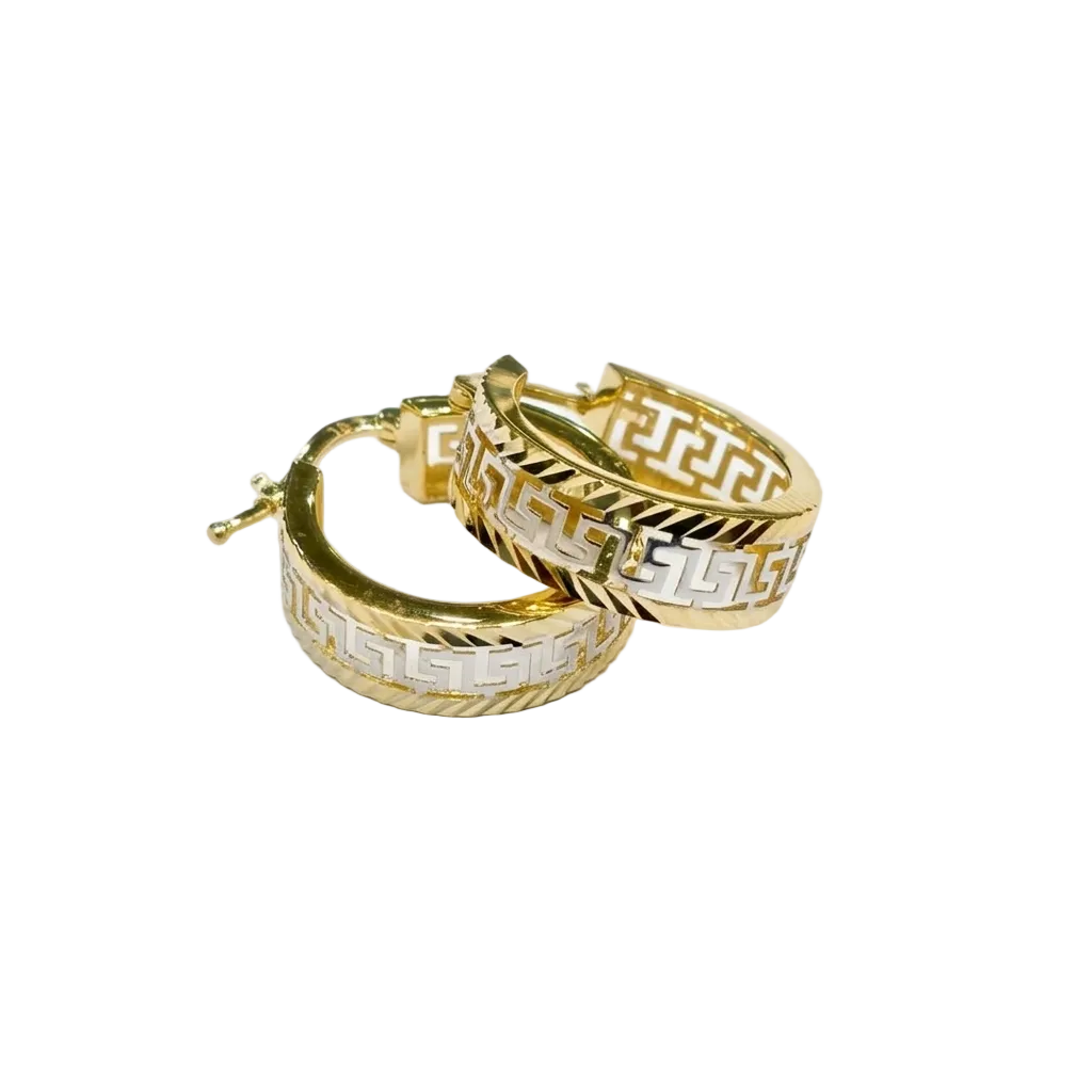 Gold hoop earrings with a geometric pattern on a white background