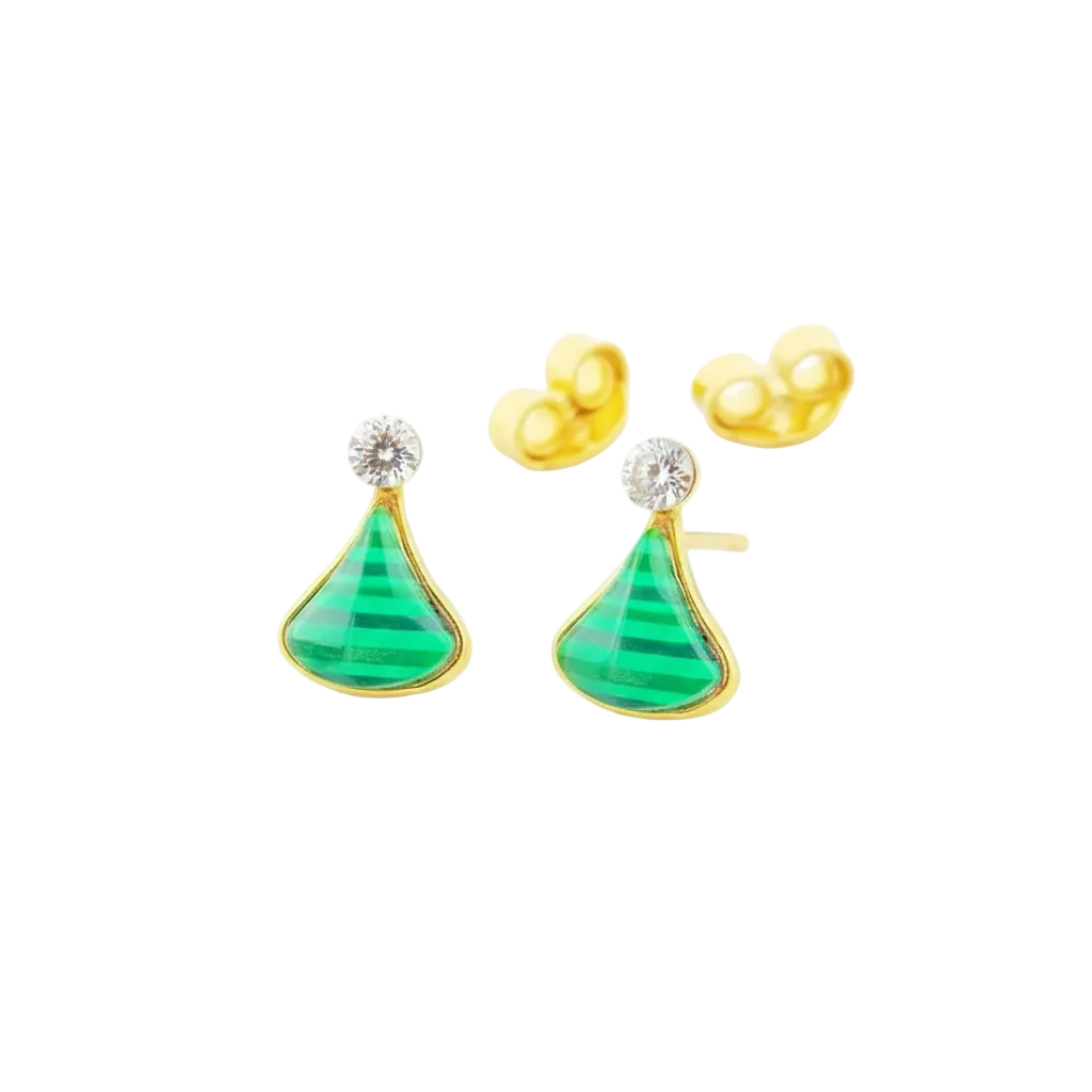 Pair of green teardrop earrings with gold accents on a white background