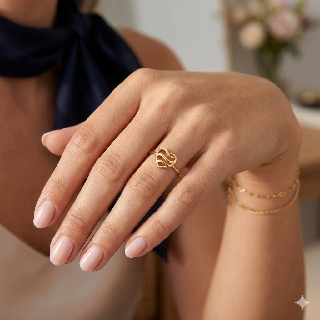 18k Gold Heart with Wavy Line Ring - 18k Gold Ring - Embellish Gold Jewelry & Diamond