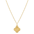 Gold necklace with a clover-shaped pendant on a white background