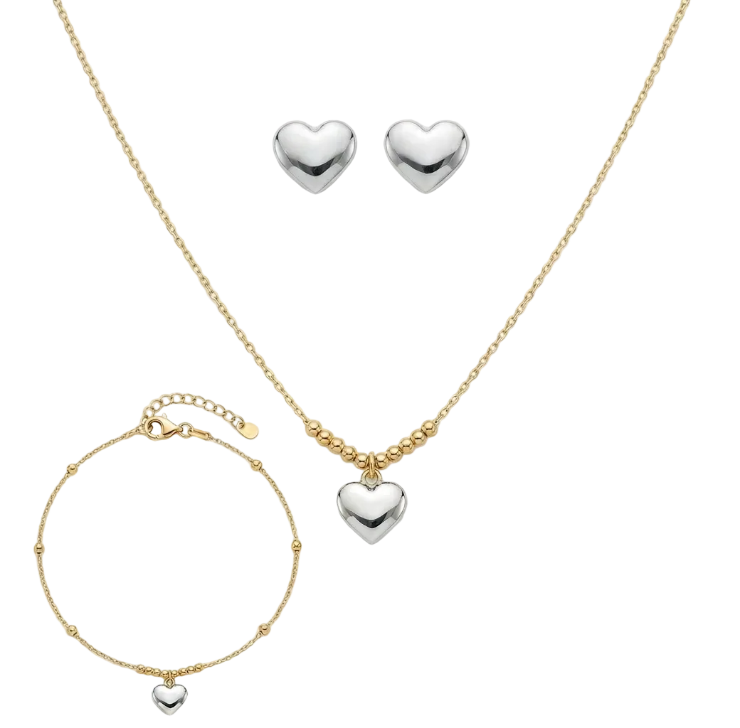 Silver heart-shaped jewelry set including necklace, bracelet, and earrings on a white background