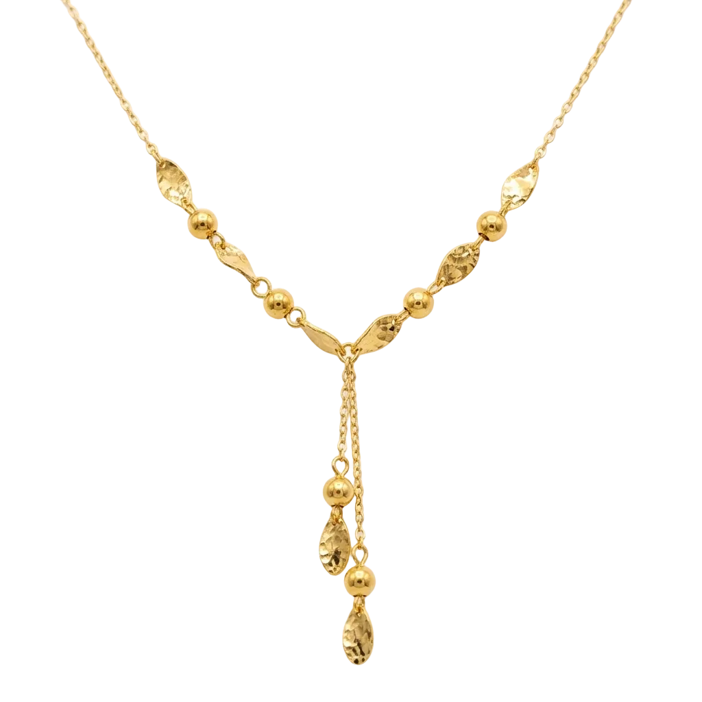 Gold necklace with beads on a white background
