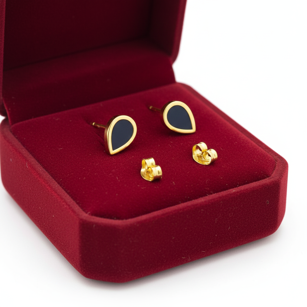 18K Gold Black Droplet Earrings