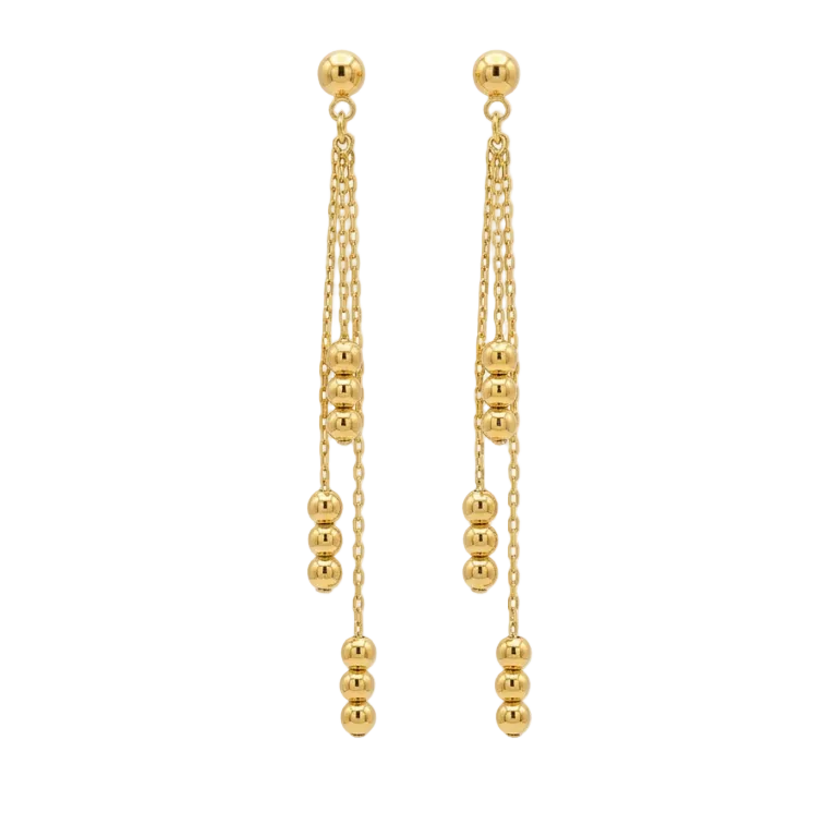 A pair of gold dangle earrings with multiple chains and polished bead details, shown against a plain white background.