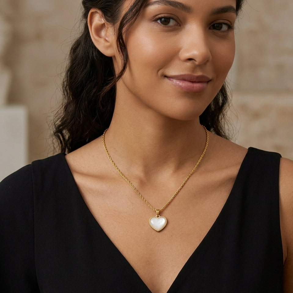 Woman wearing a gold necklace with a heart pendant against a neutral background