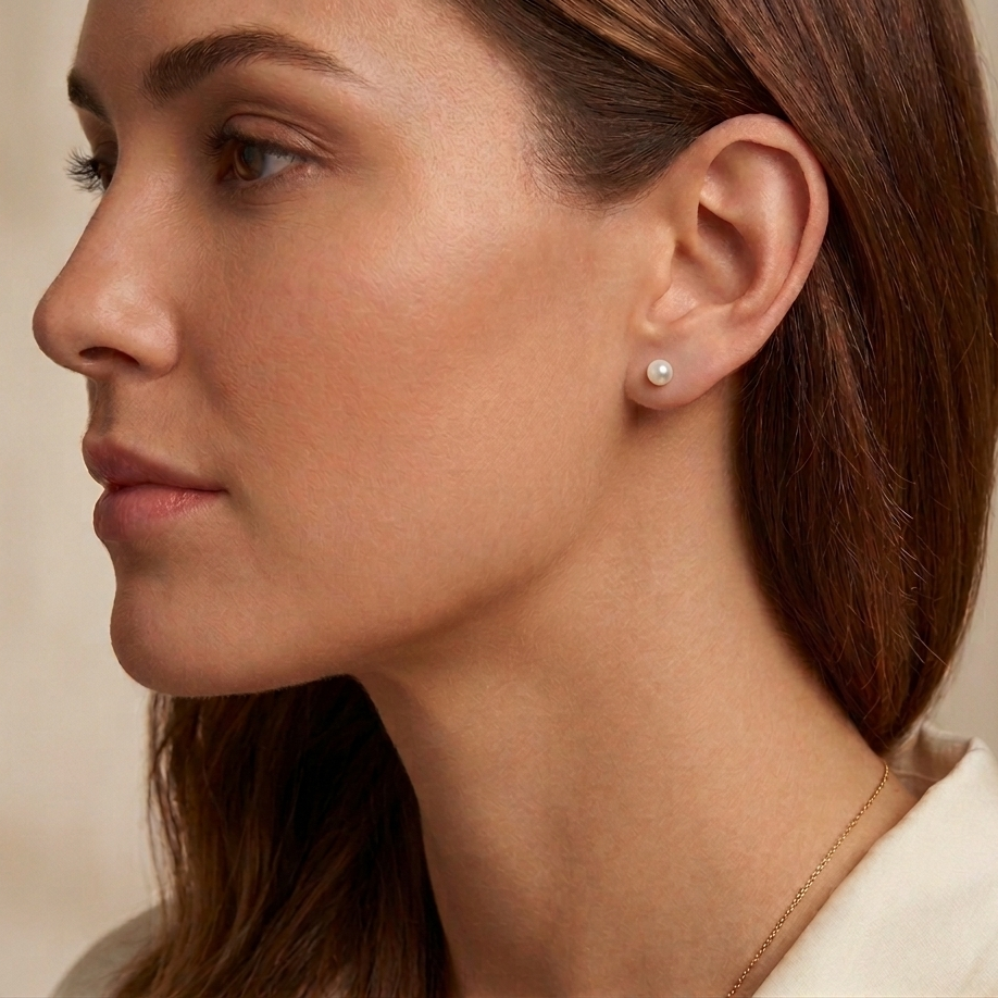 Close-up of a woman wearing pearl earrings with a neutral background
