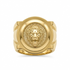 Gold ring with lion emblem on a white background