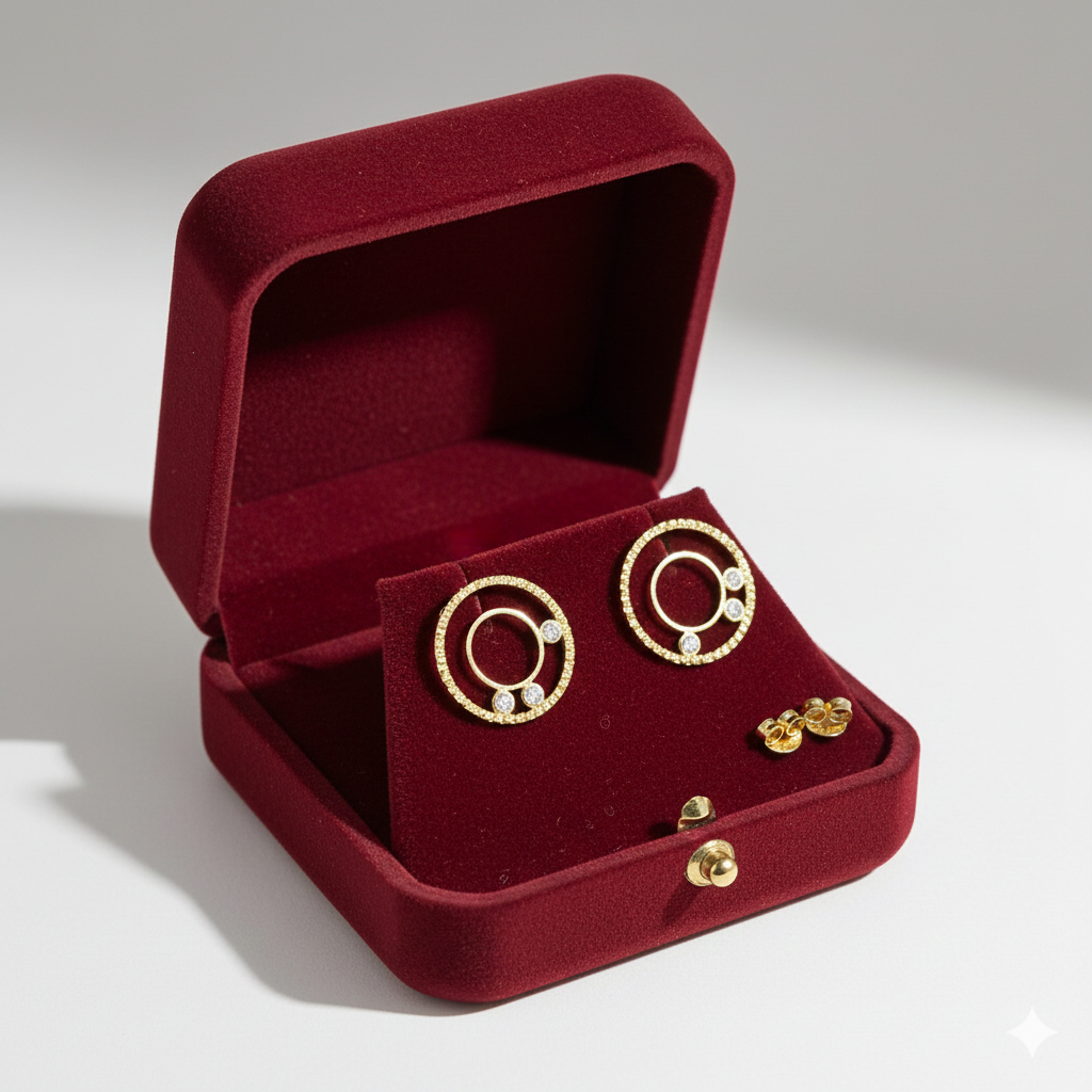 18K Real Gold 3 Stone Circle Earrings