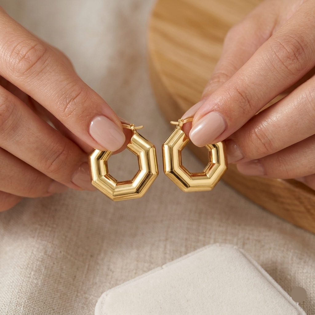 18k Gold Octagon Loop Earrings - 18k Gold Earrings - Embellish Gold Jewelry & Diamond
