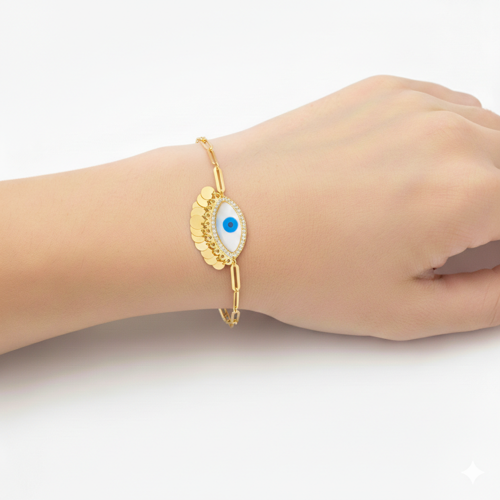 18K Real Gold Big Evil Eye With Paper Clip Bracelet