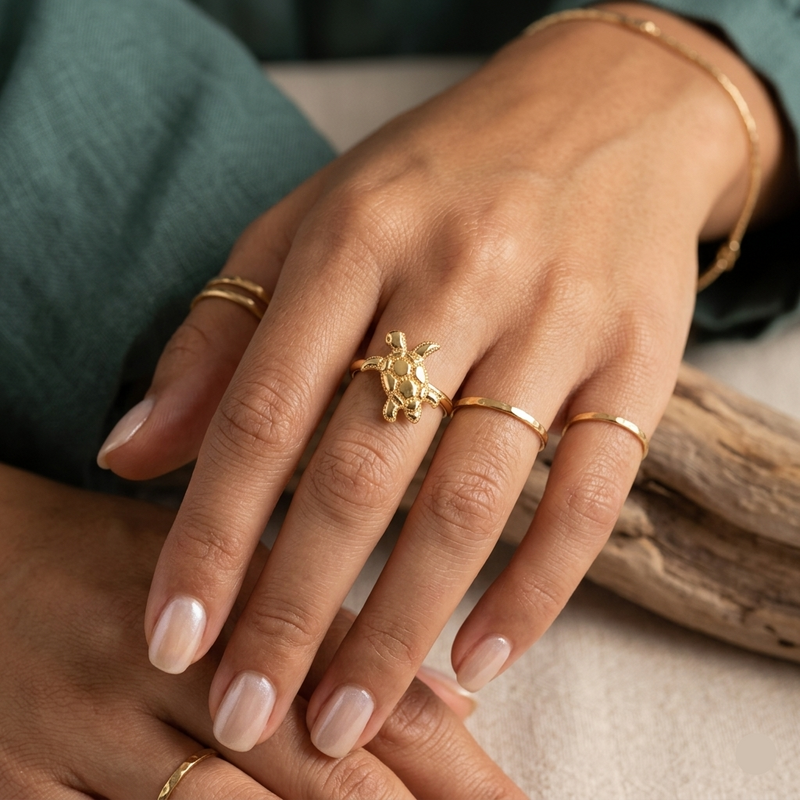 18k Gold Turtle Inspired Ring - 18k Gold Ring - Embellish Gold Jewelry & Diamond