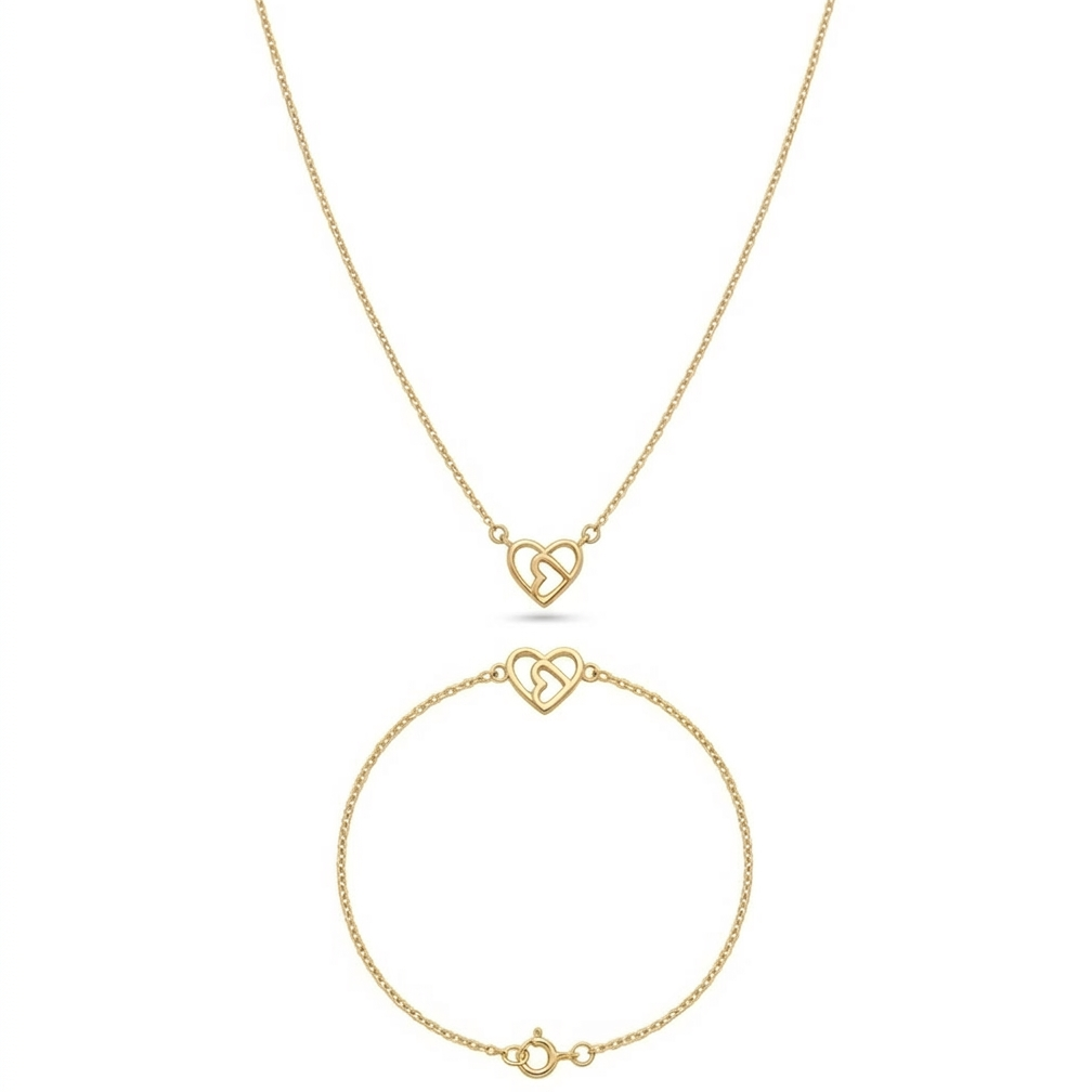 Gold necklace and bracelet set on a white background