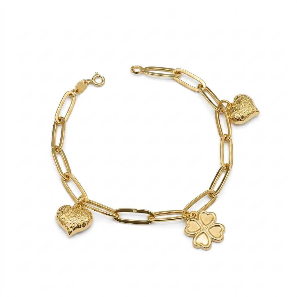 18k Gold Heart Matte with Clover Bracelet