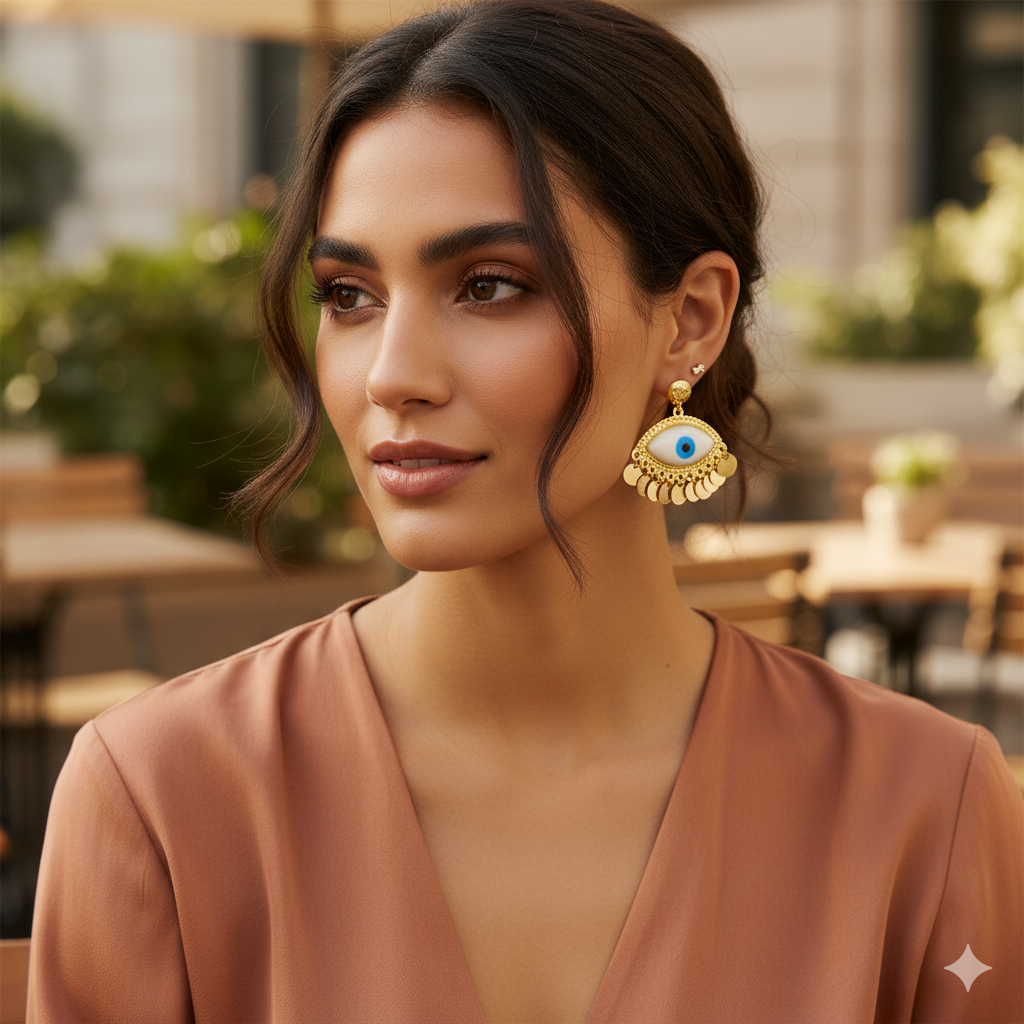 18K Real Gold Evil Eye With Round Hanging Earrings