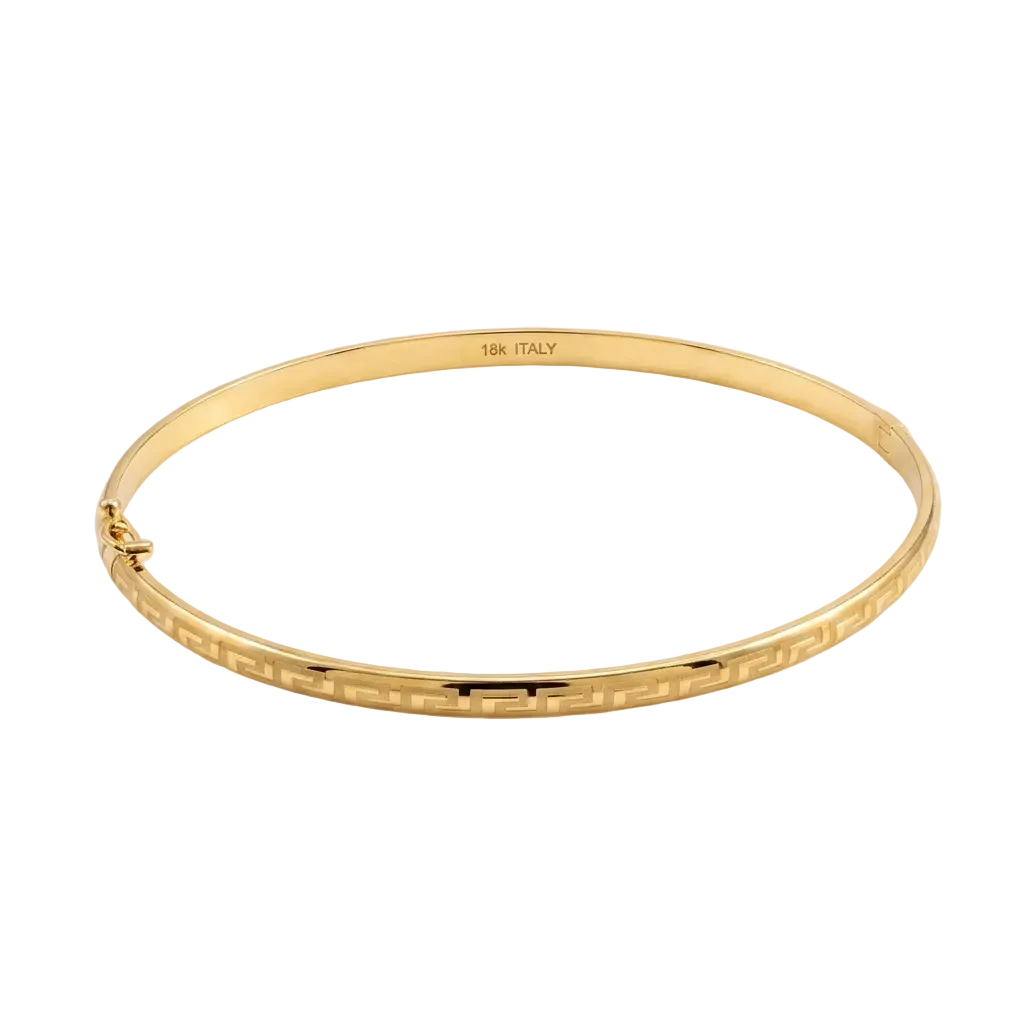 Gold bracelet with intricate design on a white background