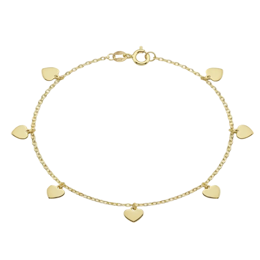 Gold bracelet with heart-shaped charms on a white background