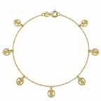 Gold bracelet with circular charms on a white background