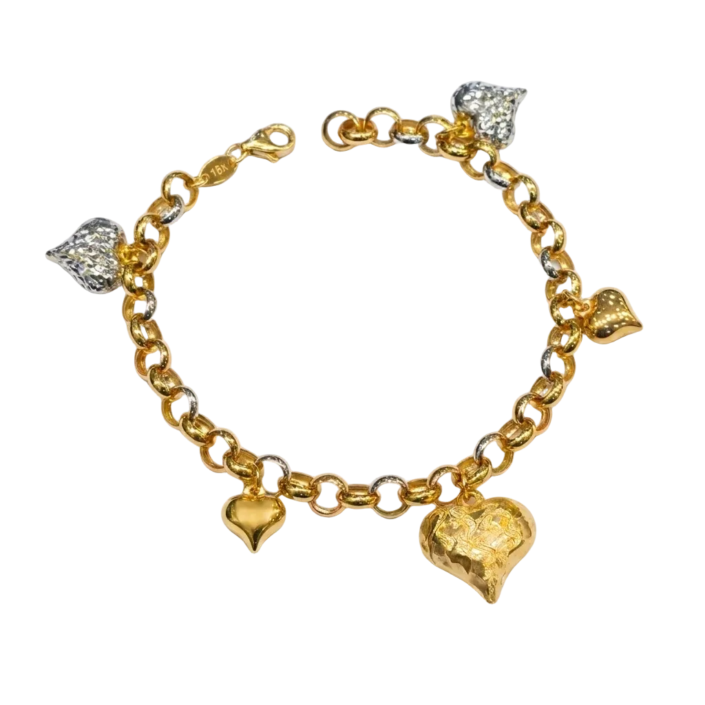 Gold bracelet with heart-shaped charms on a white background
