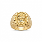 Gold ring with intricate design on a white background