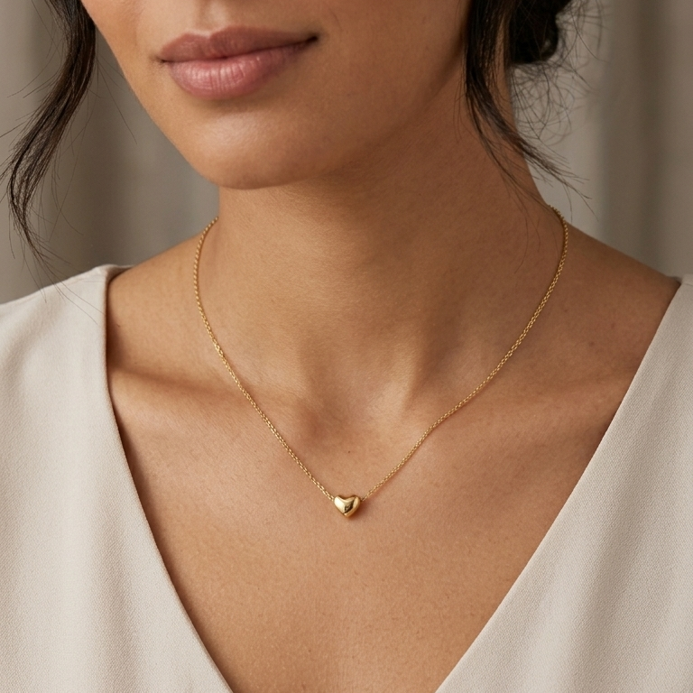 18k Gold Attached Small Heart Necklace - 18k Gold Necklace - Embellish Gold Jewelry & Diamond