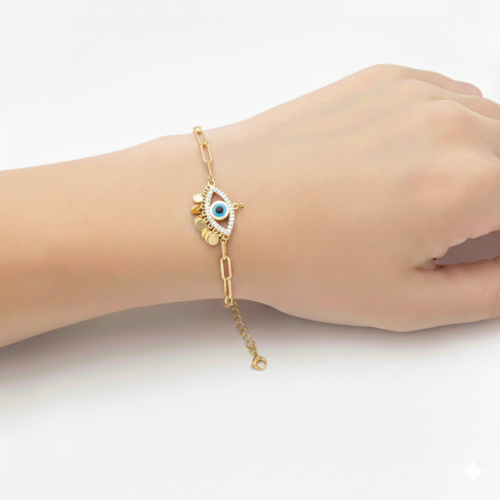 18K Real Gold Evil Eye With Paper Clip Bracelet