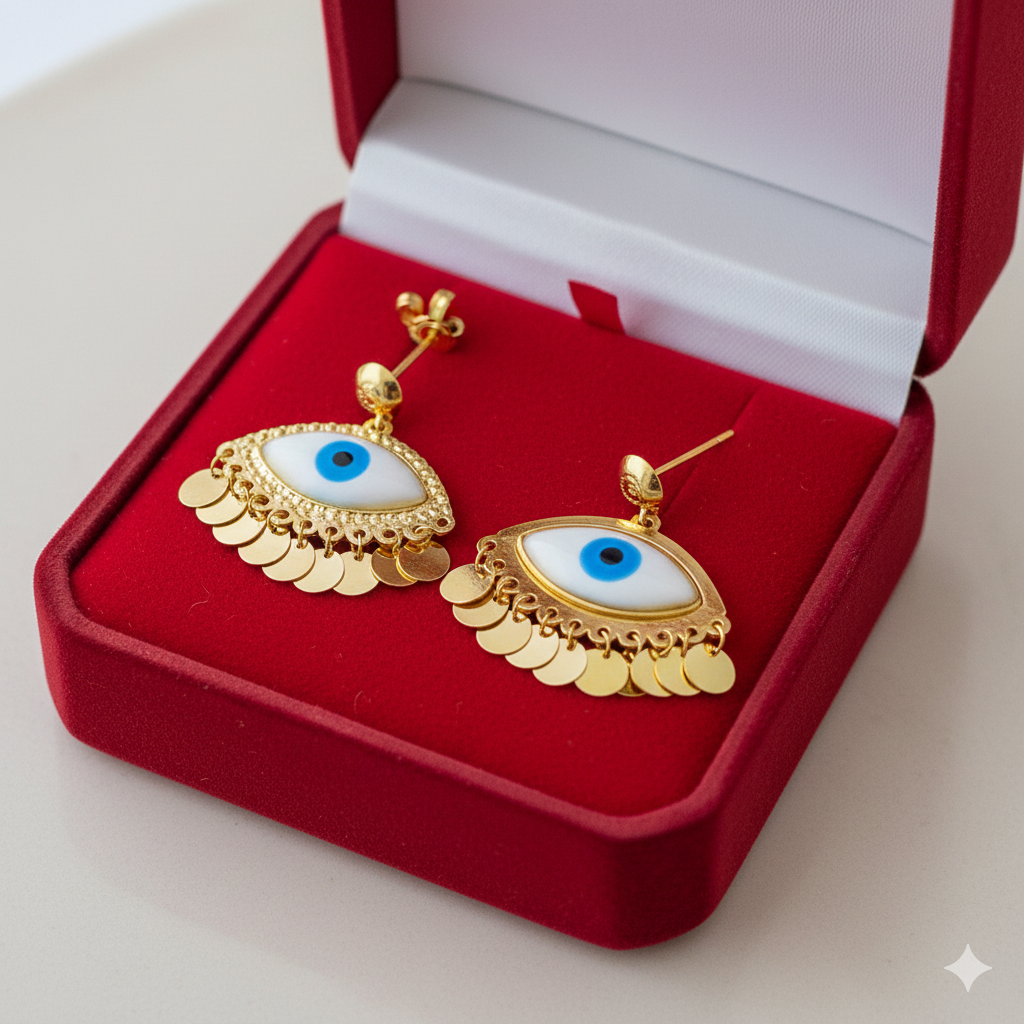 18K Real Gold Evil Eye With Round Hanging Earrings