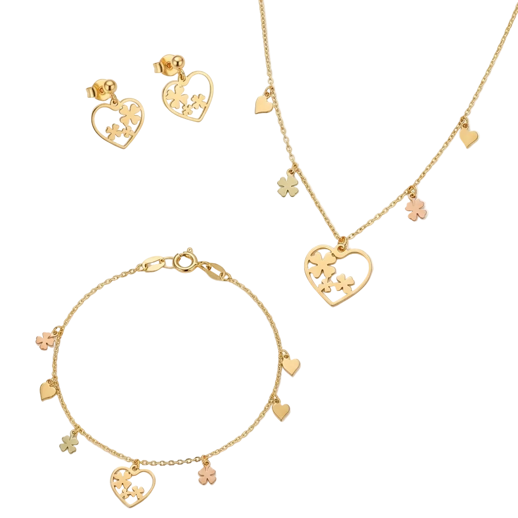 Gold jewelry set with necklace, bracelet, and earrings on a white background