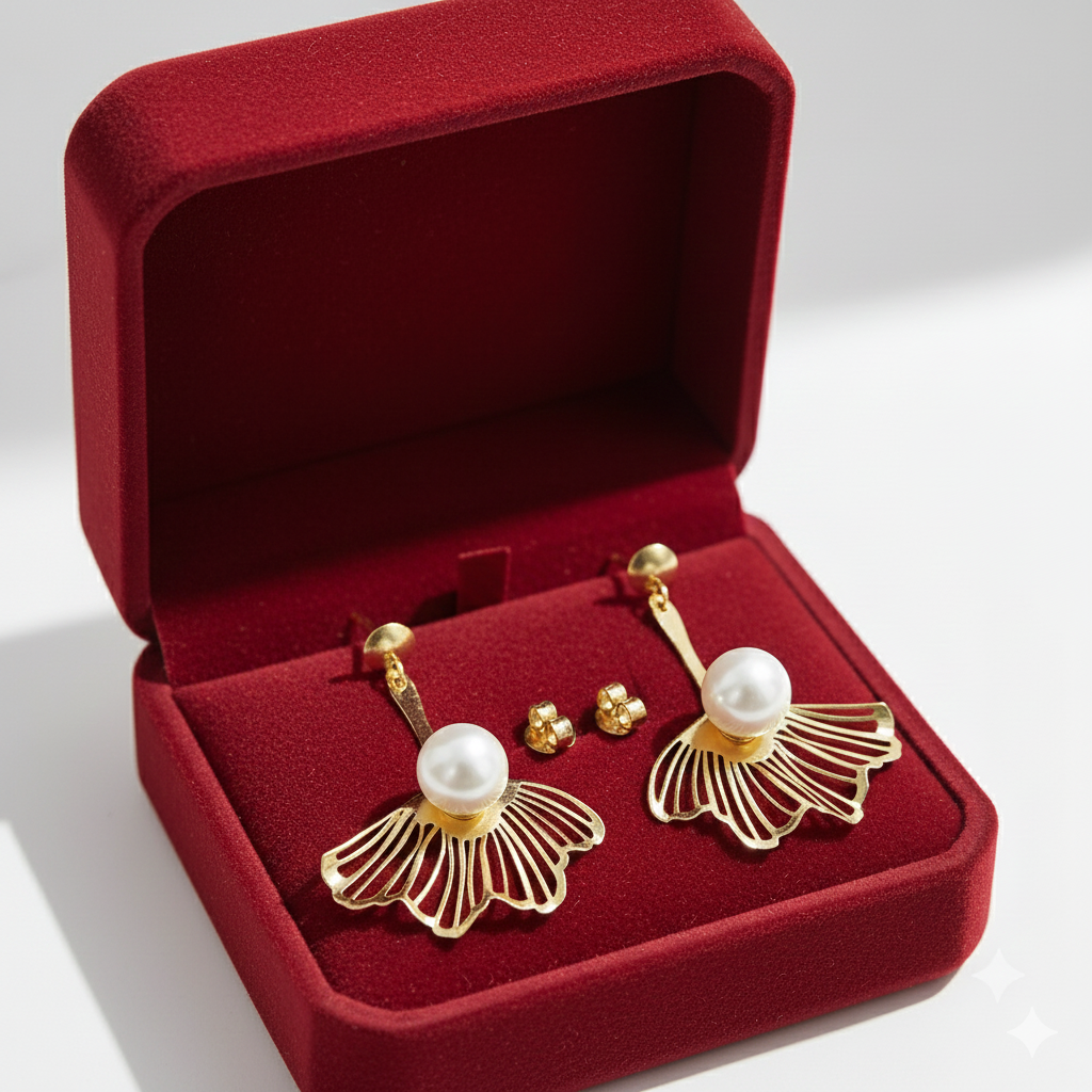 18K Real Gold Pearl Flower Earrings