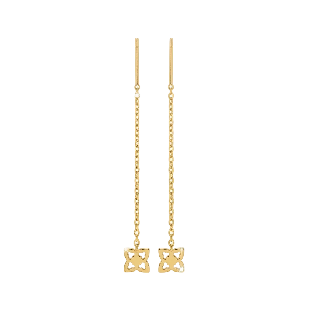 Gold earrings with chain design on a white background