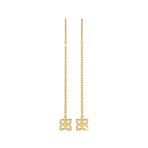 Gold earrings with chain design on a white background