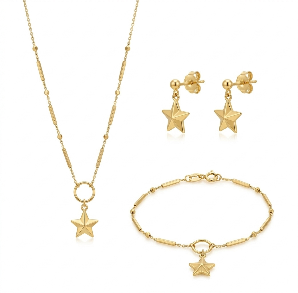 18k Gold Star Ball Jewelry Set
