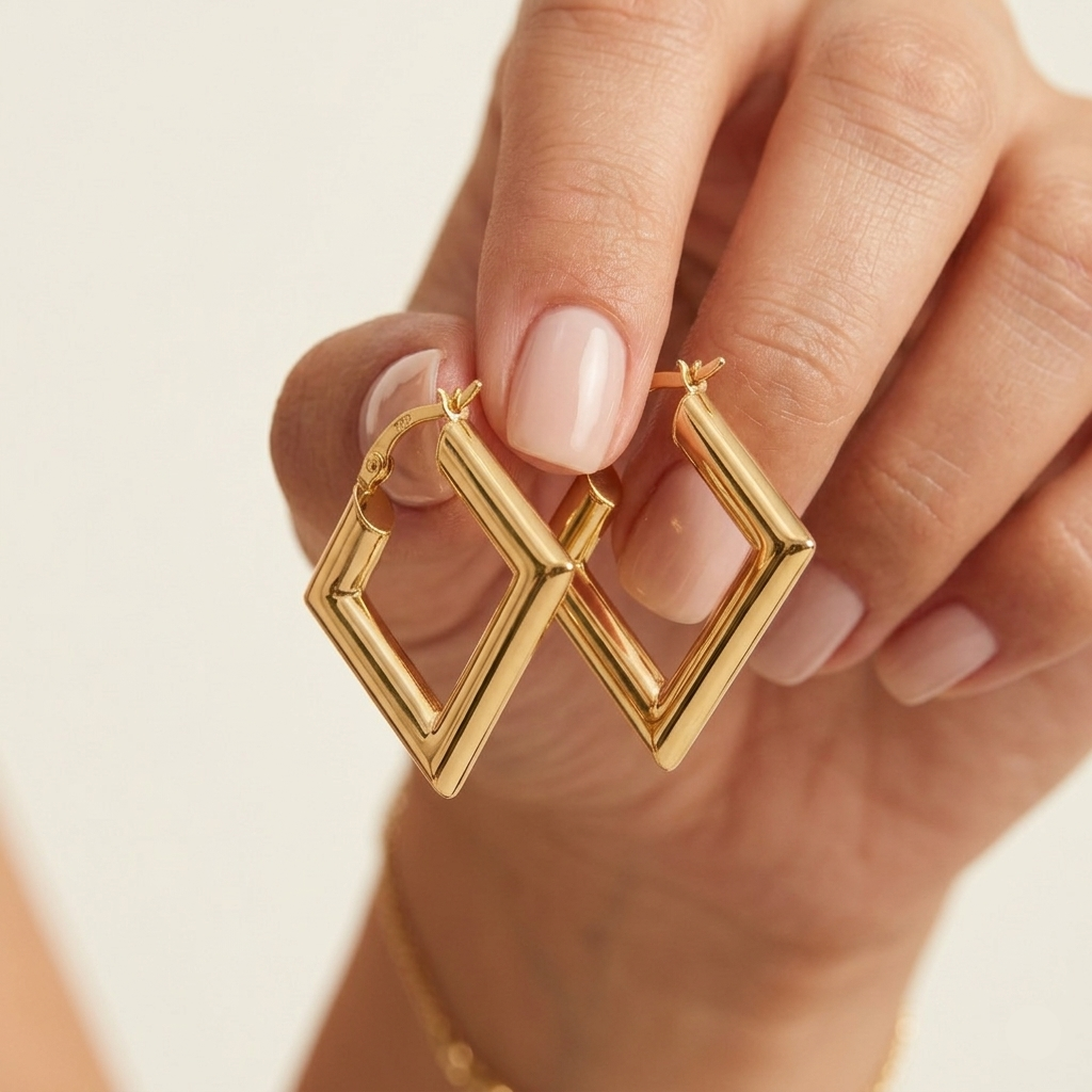18k Gold Plain Cube Loop Earrings - 18k Gold Earrings - Embellish Gold Jewelry & Diamond