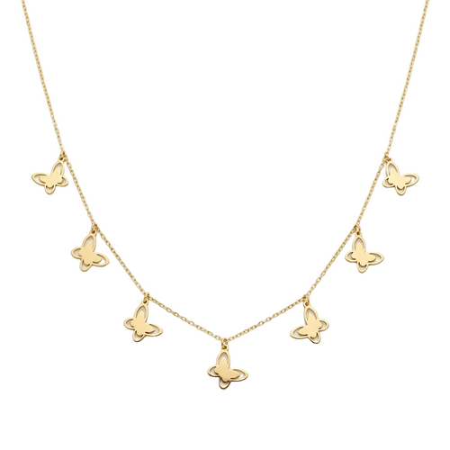 Gold butterfly necklace on a white background