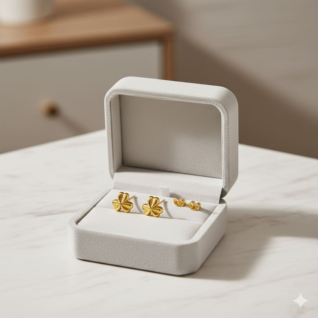 18K Real Gold Three Petal Flower Earrings