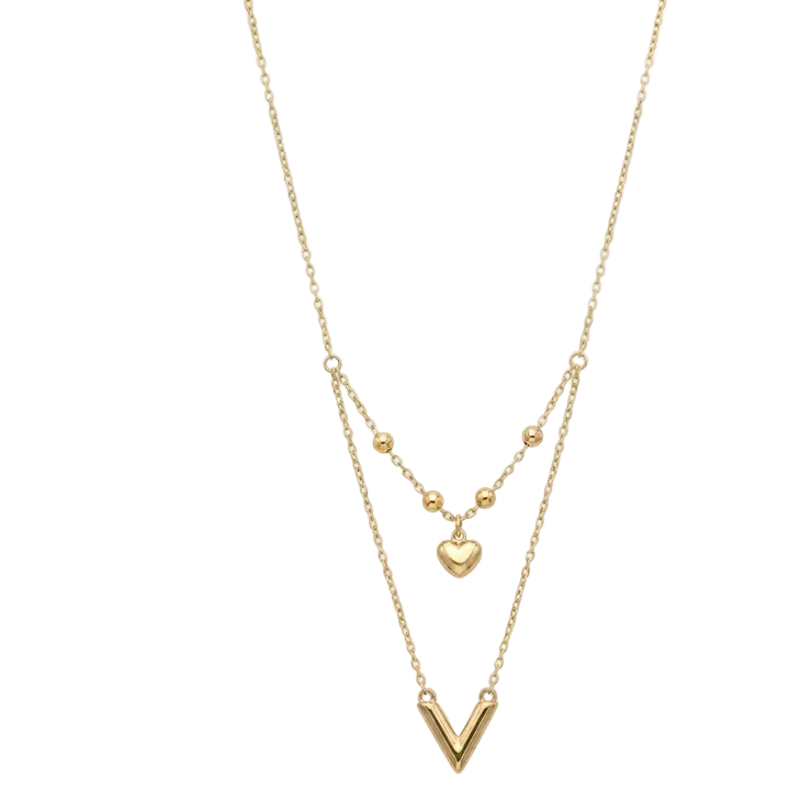 18k Gold V with Heart Necklace
