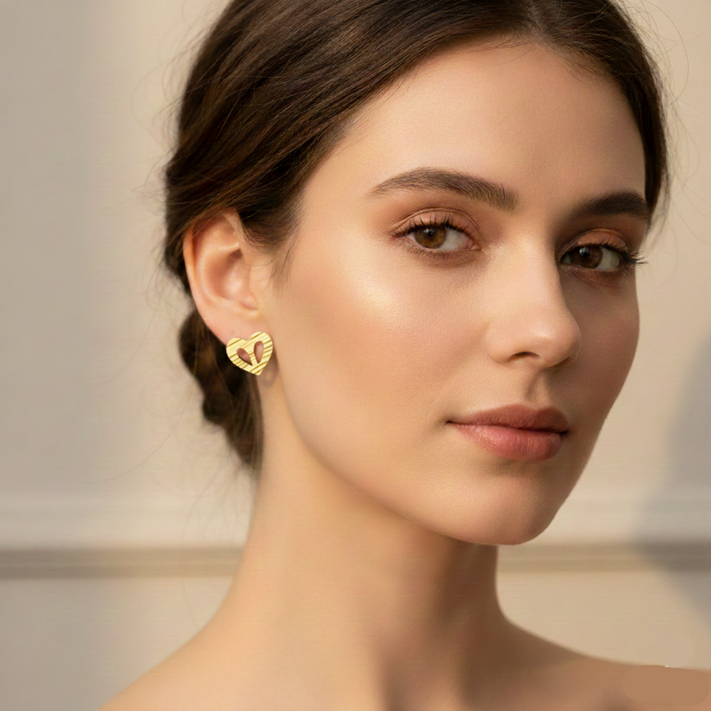 18K Real Gold Heart with Holes Earrings - 18k Gold Earrings - Embellish Gold