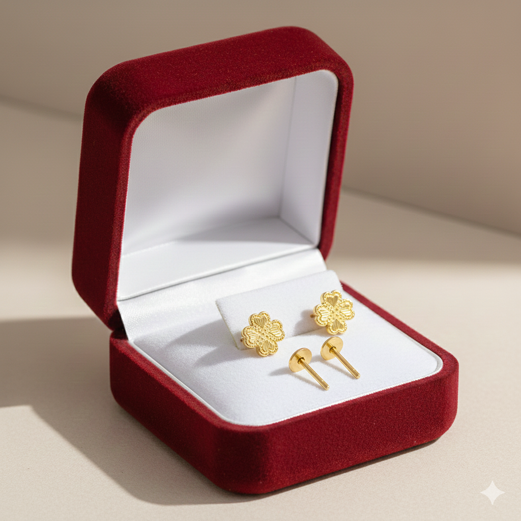 18K Real Gold Four Petals Earrings